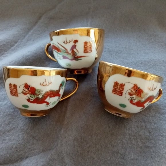 Vintage Tea Cups Dragon Phoenix  Chinese Gold Trim 3 Piece Tea Cups - Picture 3 of 7